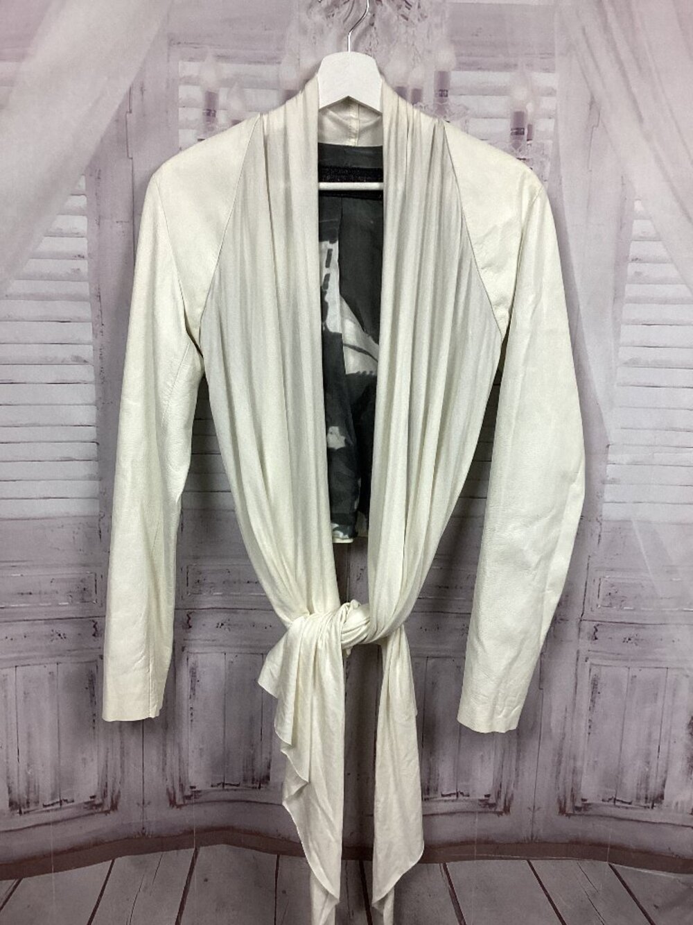 Jaded by Knight Creamy White Leather and Silk Tie front Draped Jacket M